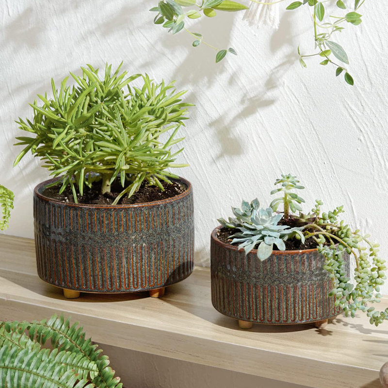 6.5+8 Inch Ceramic Plant Pot with Drainage Hole, Reactive Glaze Black