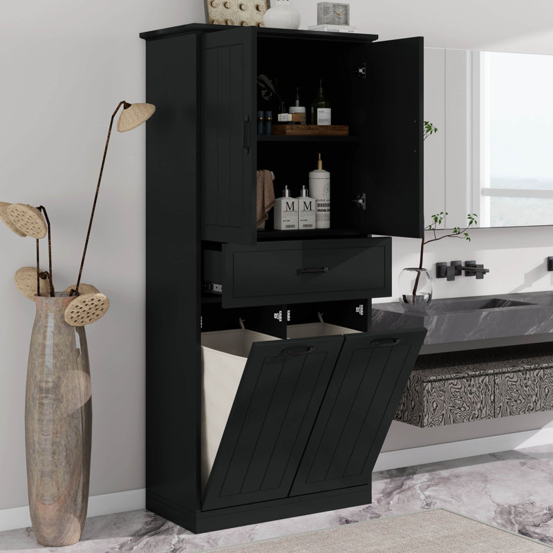 Bathroom Laundry Cabinet With Two Laundry Baskets, 65.8" Tall Bathroom Storage Cabinet With Doors And Drawer, Adjustable Shelf
