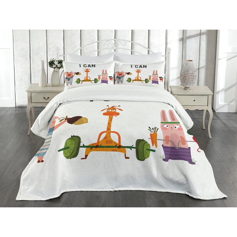 Ambesonne Fitness Bedspread Set Animals Exercise Multicolor, King Bedspread + 2 Standard Shams