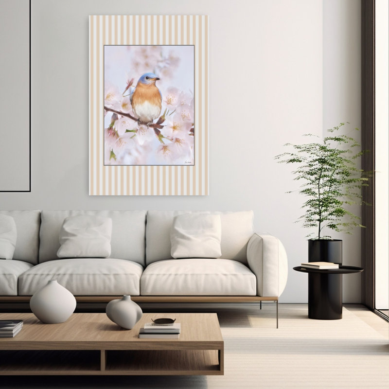Fleurs et oiseaux, ensemble V, oiseau bleu contemporain, cerisier, art printanier, H 60 po x l 40 po