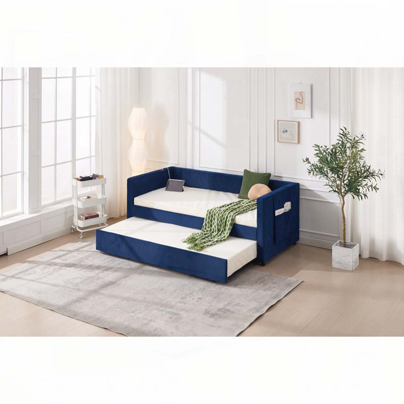 Upholstered Daybed with Trundle,USB Port ,Side Pockets, Navy