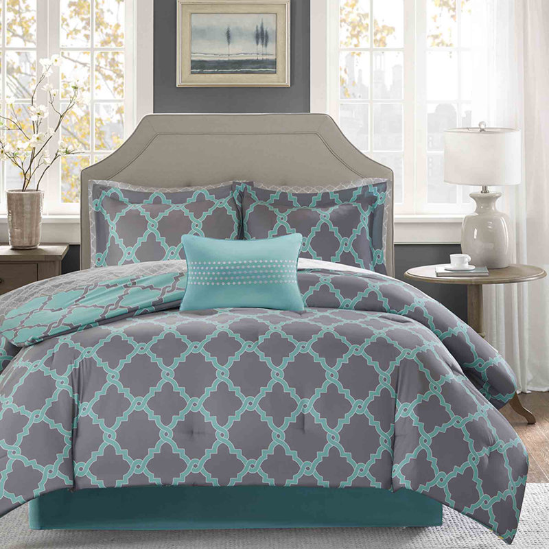 Ensemble d'édredon réversible en microfibre 8 pièces, Édredon lit double et 8 pièces incluses, Aqua / gris