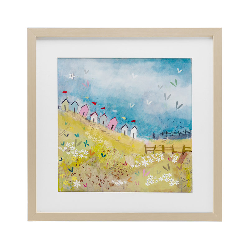 Beach Huts on Hillside, reproduction encadrée sous verre, conception de Clare Tupper, Cadre de récolte en pin