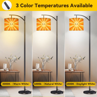  Arc Floor Lamp Cute Smiling Sunburst Retro Orange Yellow Rays Tall Modern Standing Lamp LED Adjustable Linen Lampshade 3 Color Temperatures
