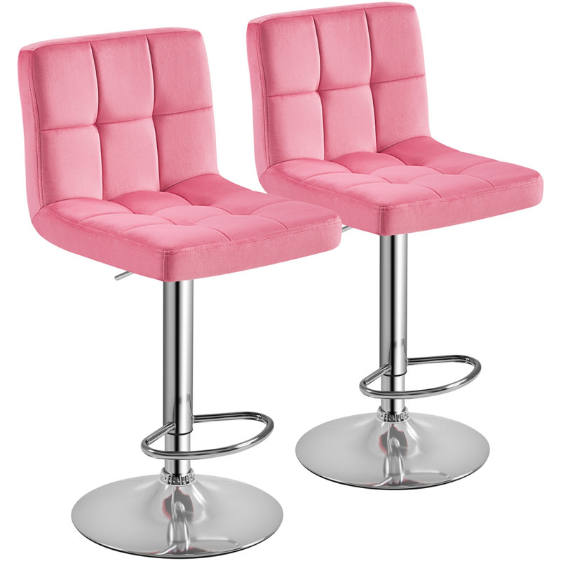 Swivel Upholstered Adjustable Bar Stool with Large Pedestal Base, Pink