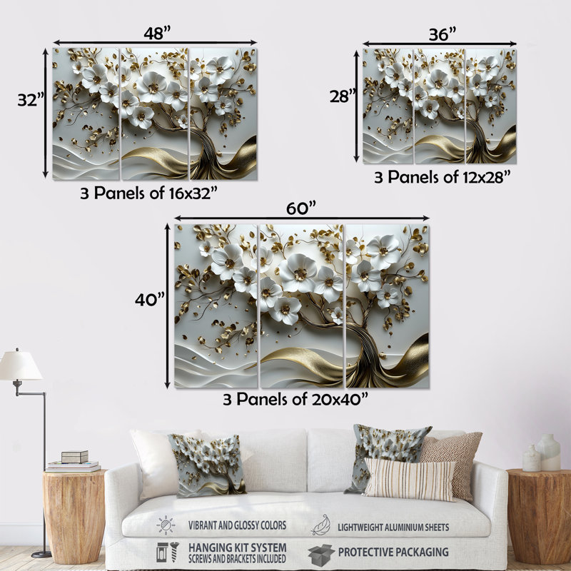 Ensemble de décorations murales cerisier blanc et or blanc I - Cherry Blossom, Métal métal, H 40 po x l 60 po x P 1 po