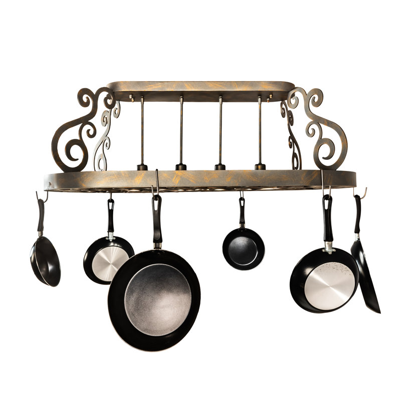 48" Bronze Metal Oval Hanging Pot Rack with Chocolate Glass