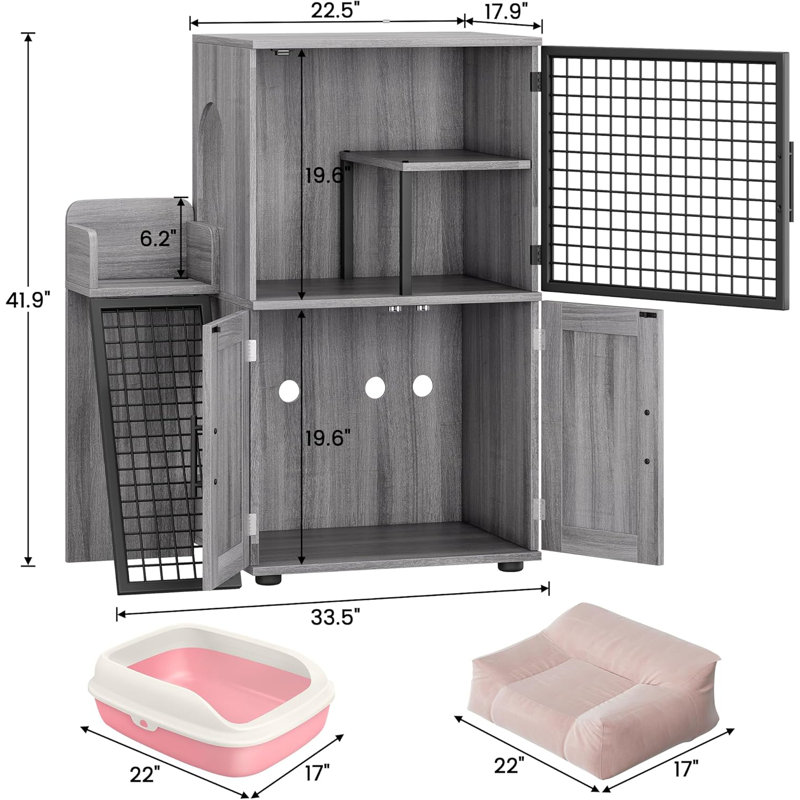 Enceinte de litière moderne pour chat avec plateforme et échelle, maison de chat intérieure cachée, Villa à double couche pour chats, L 33,5 po x l 17,9 po x H 41,9 po, couleur bois de cire