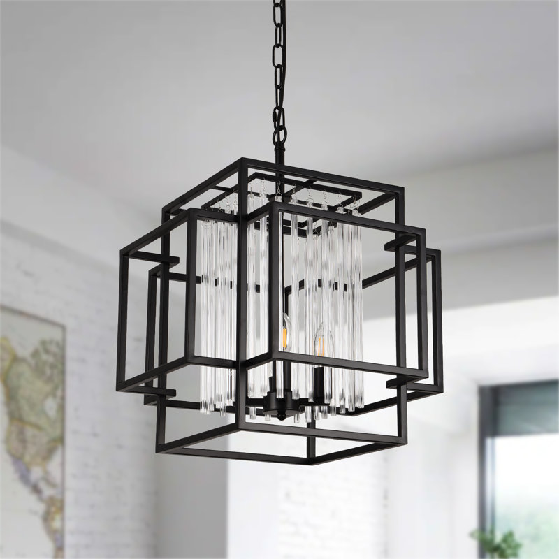 Luminaire suspendu géométrique noir 4 lumières avec détails en cristal transparent