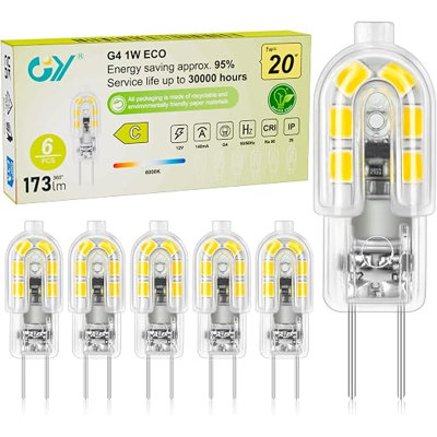 GY G4 1W Energy Saving LED Bulbs Cool White 6000K 12V 173LM Capsule Light Bulbs, Replace 20W Bulb, Non-Dimmable, Non Flicker, 6 Pack