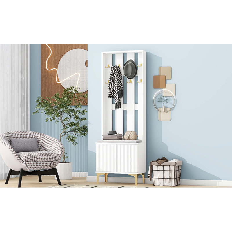 Portemanteau 4-en-1 de luxe moderne avec coussin, portemanteau polyvalent avec 8 crochets et pieds, banc d'entrée avec tablettes réglables et portes cannelées pour le couloir et le salon