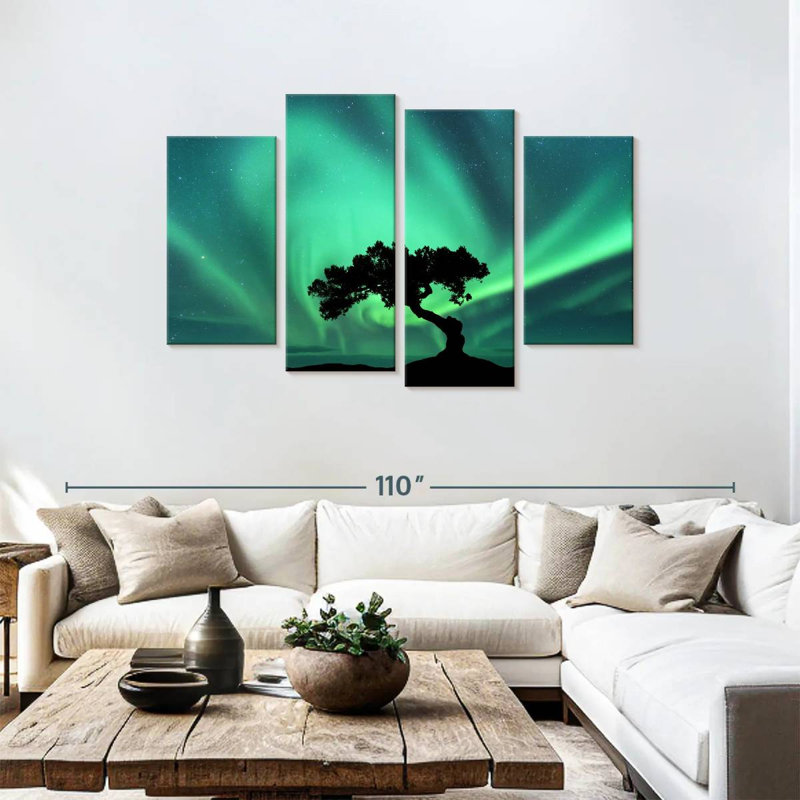Silhouette d'arbre aurores boréales, H 48 po x l 75 po
