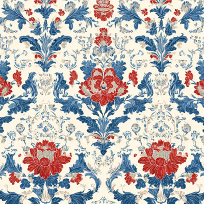 Peel and Stick Wallpaper Vintage Floral Damask Red Flowers Blue Foliage Cream Contact Paper Removable Self Adhesive Wall Mural Wall Decor for Bedroom Kitchen Cabinets 17.7in x 118in