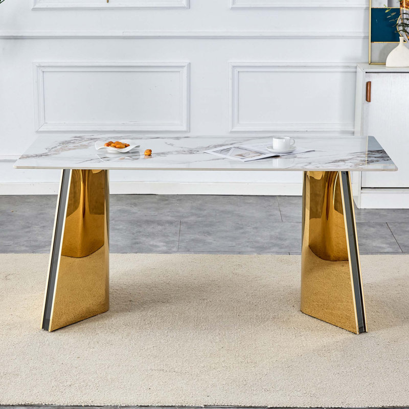 Table de salle à manger Marble, Blanc / gris incorrect, Doré, H 30 po x L 63 po x l 31,5 po