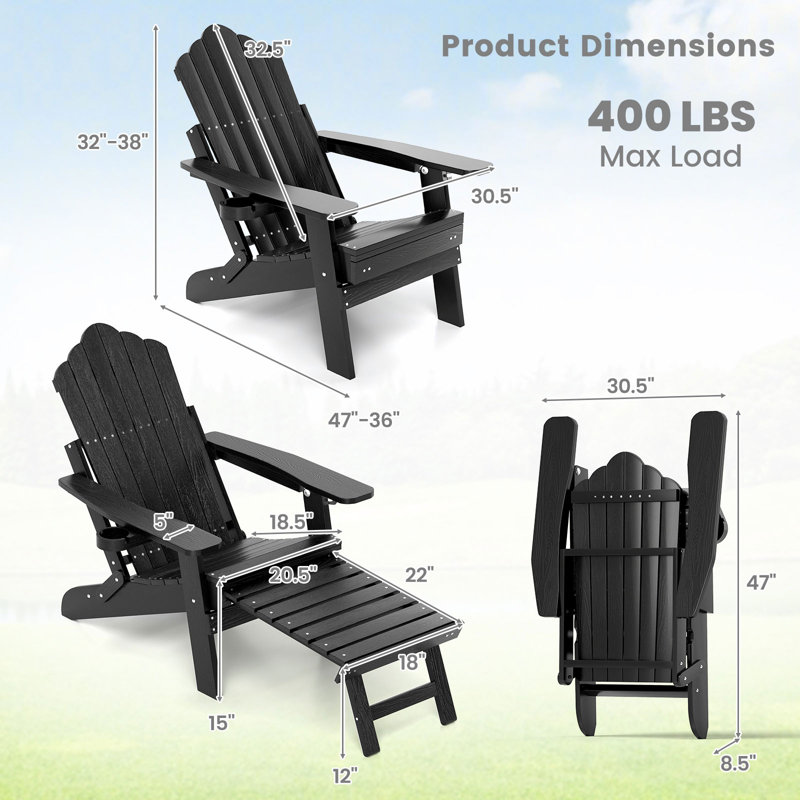 Chaise longue de patio Adirondack Hips toutes saisons avec repose-pieds rétractable, Noir, noir, noir, noir