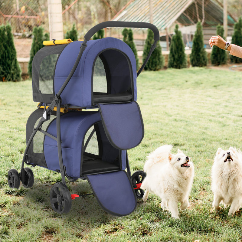 Navy Blue Double Pet Stroller with Detachable Carriers