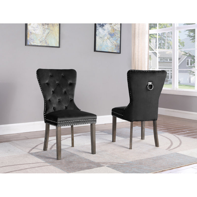 Thame 5'' H Tufted Upholstered Side Chair, Velvet Navy Blue, Walnut