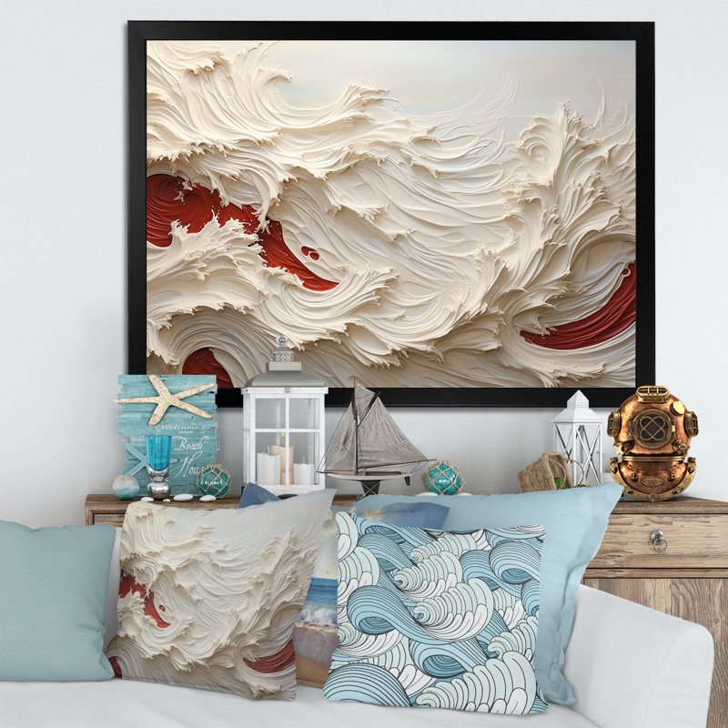 White And Red Wave Papercut Style - Beach & Ocean Wall Art Prints, 24" H x 32" W x 1" D, Black Single Picture Framed