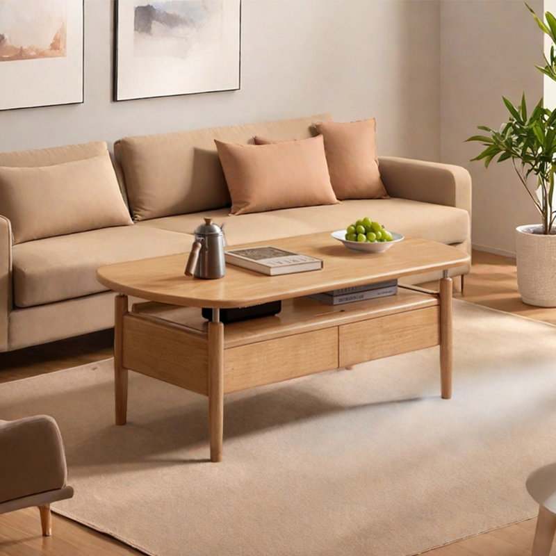 Oval-shaped solid wood coffee table living room, 17.7" H x 47.2" L x 23.6" W