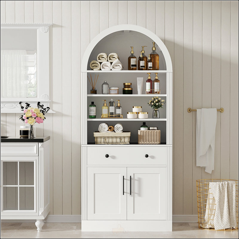 Bibliothèque arquée avec armoire de rangement, bibliothèque haute avec tablettes réglables pour un décor moderne, Blanc