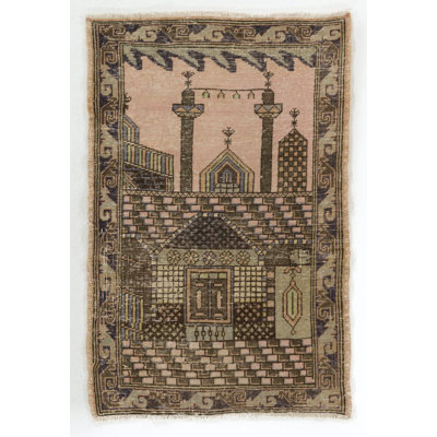 Tapis vintage de prière de Sille représentant une mosquée décorée de bougies du Ramadan
