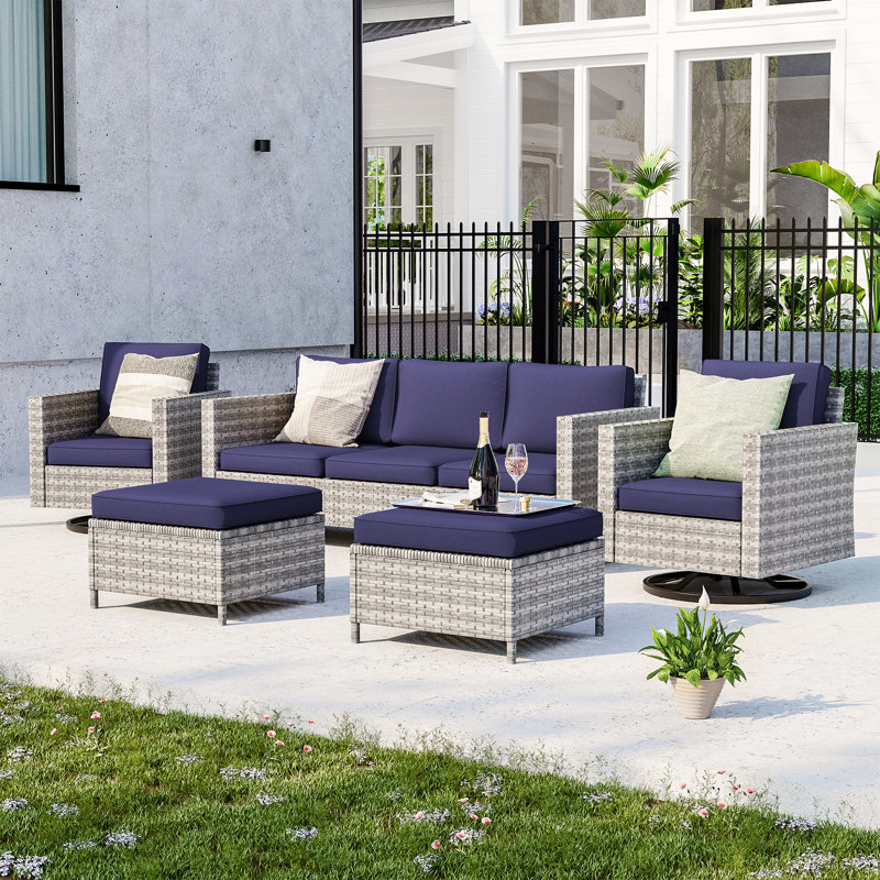 Etna 5 Piece Wicker Sofa Seating Group with Cushions and Swivel Chairs, Navy, Gray