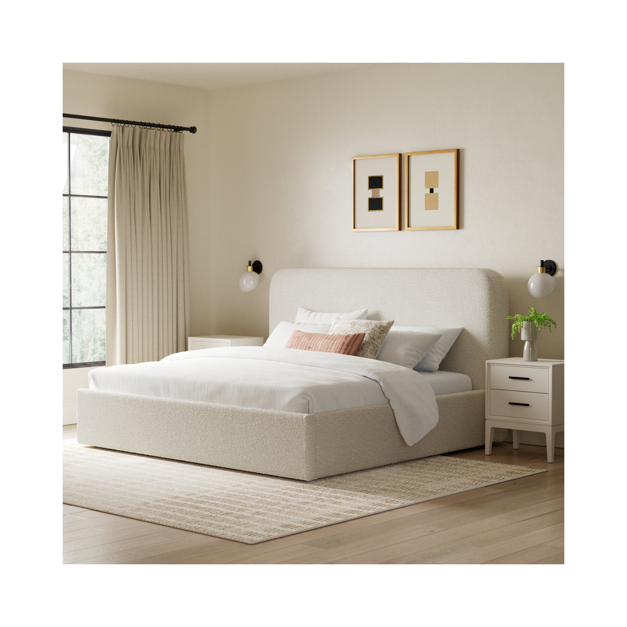 Bailee Upholstered Bed, King, White Boucle
