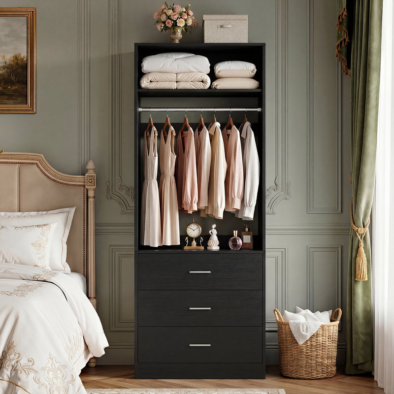 Freestanding Small 24" Closet System With 3 Wood Drawers, Black, 80" H x 24" W x 15" D