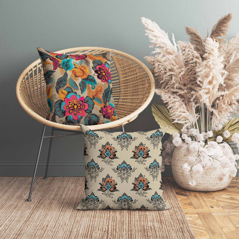 Oreiller Eclectic Garden, Carré 16 po, Bleu/rose/orange