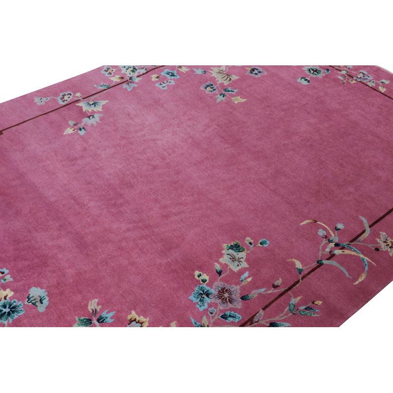 Art Deco Hand Knotted Wool Floral Area Rug, Rectangle 10' x 14'