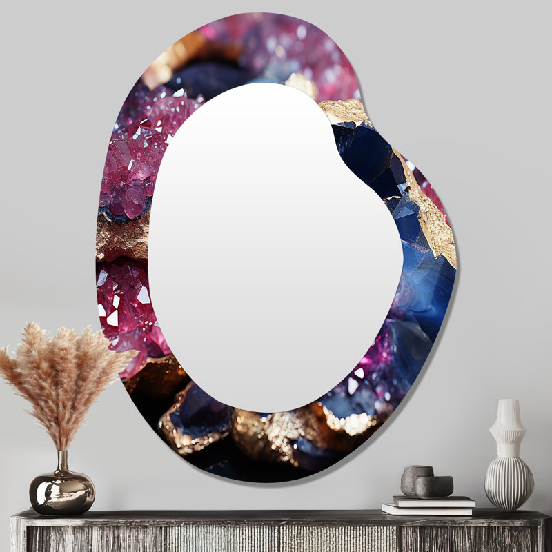 Jamila mauve et doré, pierres précieuses - miroir décoratif de forme irrégulière en géode de pierre, miroir mural asymétrique traditionnel, impression d'art en métal
