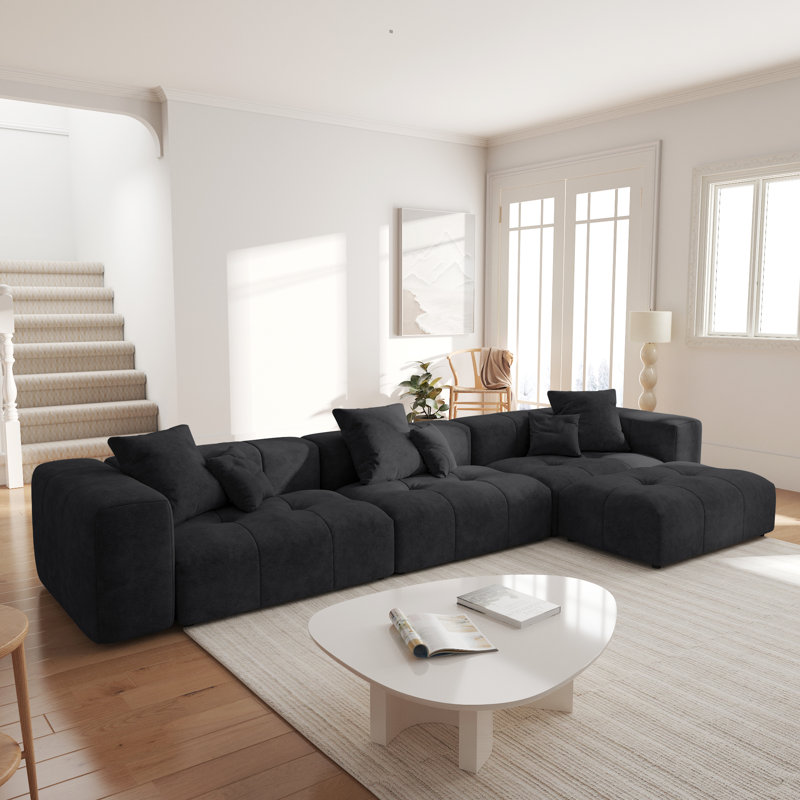 Kay Crumley 4-Piece Upholstered Modern Linen Fabric Sectional Sofa With Ottoman, Black, 24.8" H x 131.14" W x 68.05" D