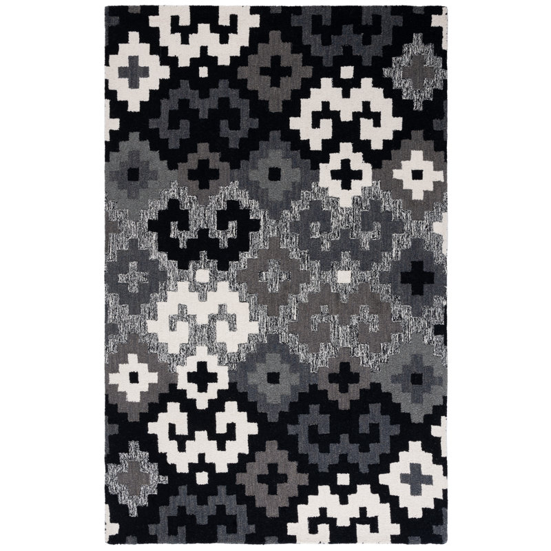 Lakeetha Hand Tufted Wool/Cotton Southwestern Rug in White/Gray/Black, Rectangle 3' x 5'