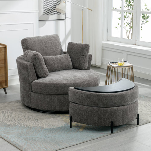 Latitude Run® Kenmari Upholstered Swivel Barrel Chair with Ottoman ...