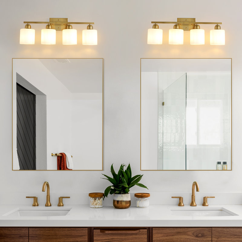  Luminaire de salle de bain à 4 lumières à intensité variable avec abat-jour en verre de lait givré, Doré, Quatre lumières