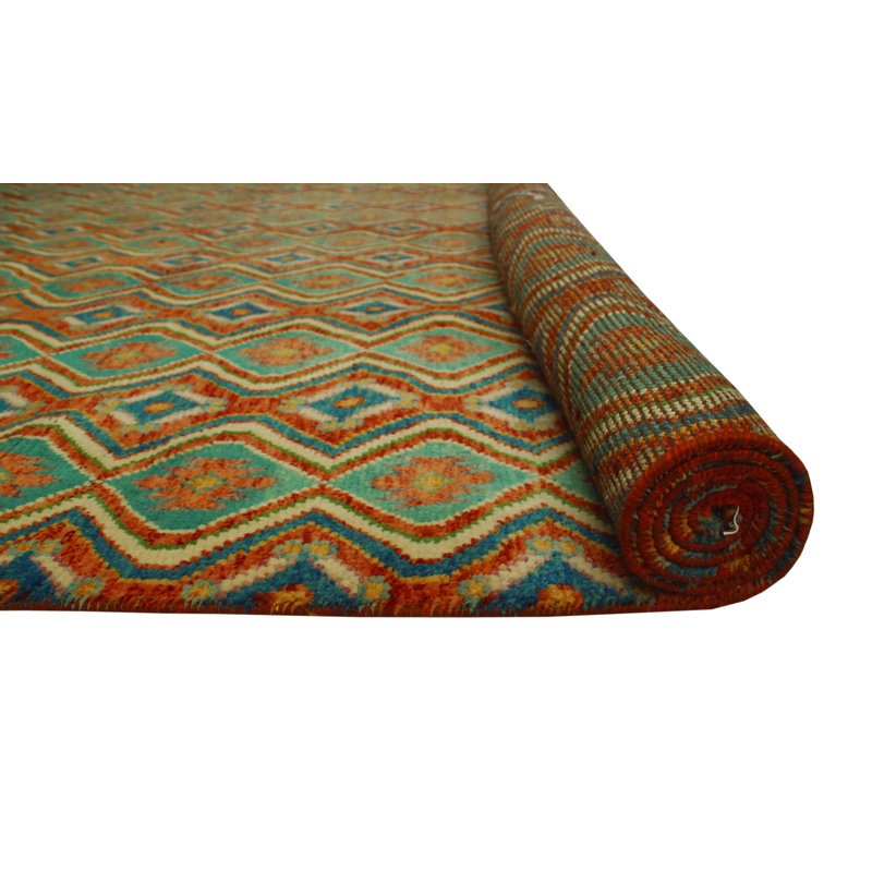 Tapis unique en laine noué à la main de 8 pi 3 po x 11 pi 6 po de couleur rouille / bleu / vert Jantinus
