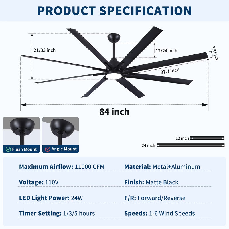 84 Inch Industrial Farmhouse Ceiling Fan with Light, 8 Aluminum Blades Large Size DC Motor Ceiling Fan, Reversible Blades, 6 Wind Speeds, Dimmable 3 Color Temperatures, Remote Control, Adjustable Hanging Rod, Indoor Covered Outdoor Ceiling Fan for Living 