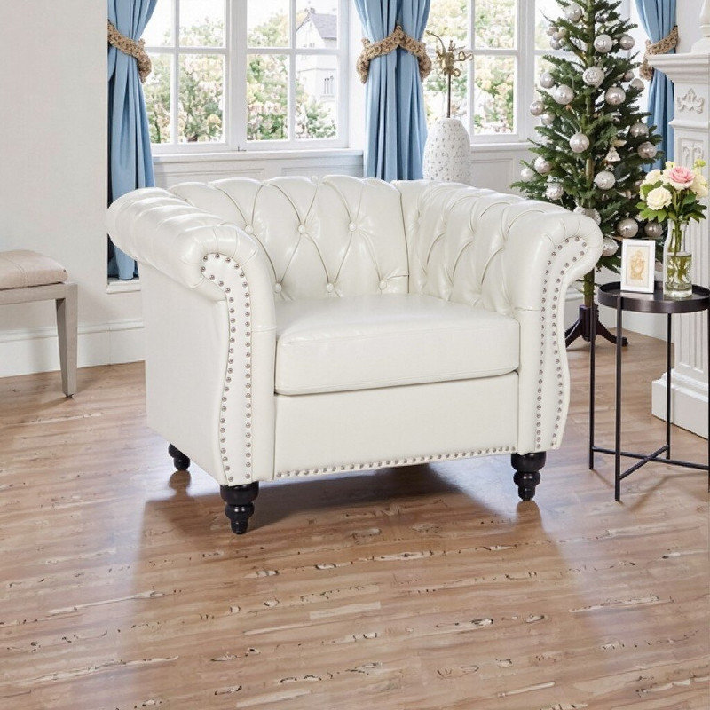 Fauteuil d'appoint monoplace avec pieds en bouleau, revêtement en polyuréthane, capacité de poids de 220 lb, Blanc