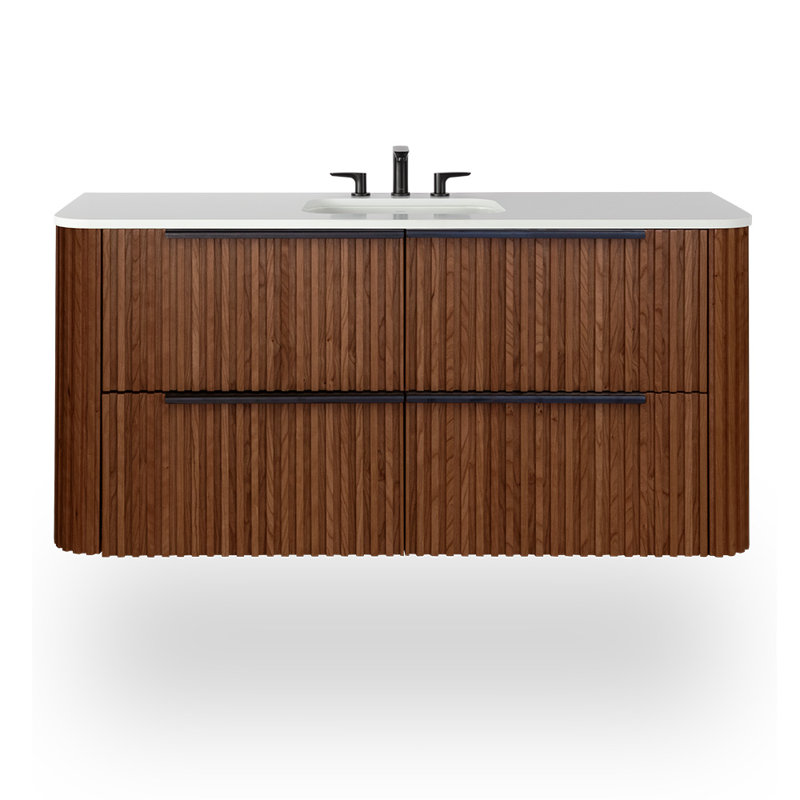 Flutti 48"Vanity, Natural Walnut, Solid Surface Gloss White/3 Faucet Holes, Matte Black