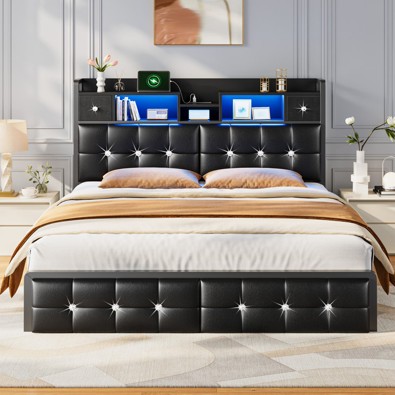 Modern Upholstered Headboard Bed With Storage Drawers & Shelves, Usb Charging Headboard, And Customizable Led Mood Lighting，full/queen/king