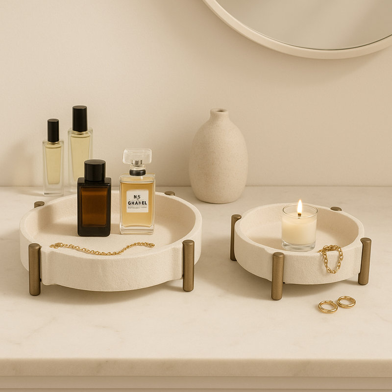 Plateau décoratif moderne pour décoration intérieure - Plateau rond élégant pour table basse, bijoux, cuisine ou bibelot - ensemble de 2, 14 po, 11 po, beige et or
