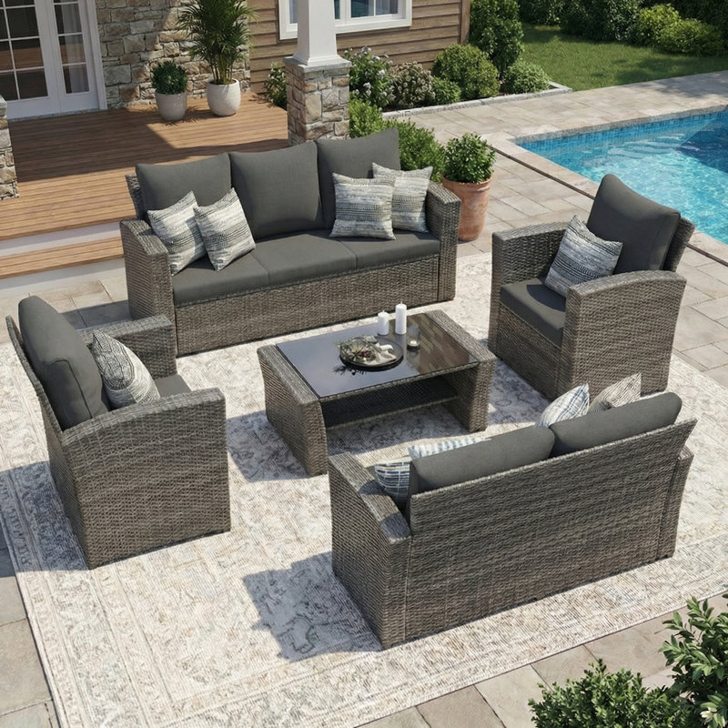7-Person Wicker Patio Furniture Set With Cushions, Black