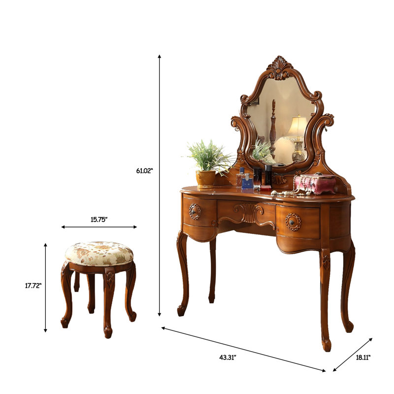 Coiffeuse 43,31 po style américain en bois massif brun avec miroir