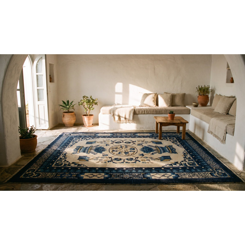 Tapis carré blanc en laine à motif floral noué à la main blanc et bleu