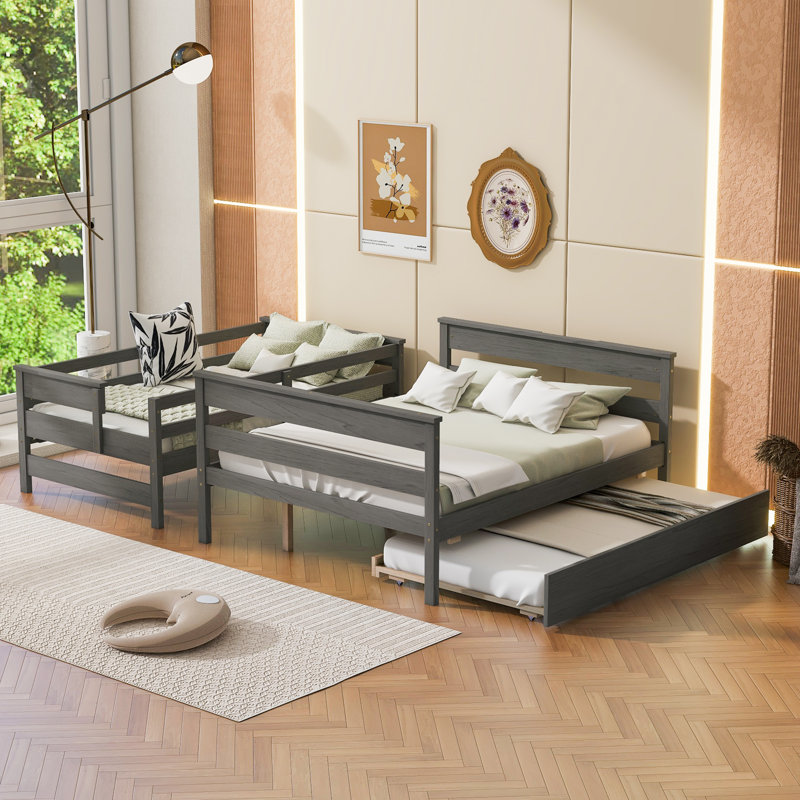 Lit superposé simple au-dessus d'un lit double en bois avec lit gigogne simple, gris