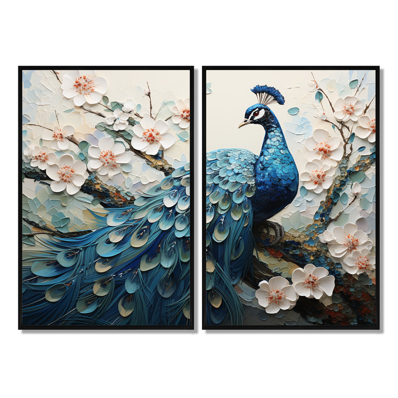 «Flower Peacock's Vibrant Show I», art mural grand paon, 36" H x 48" W, Impression encadrée flottante, Black