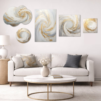 Gold & White Soft Wave Vortex II – Oversized Beige Abstract Wall Decor, Framed Canvas and Metal Wall Art Set of 5 (100" x 40")