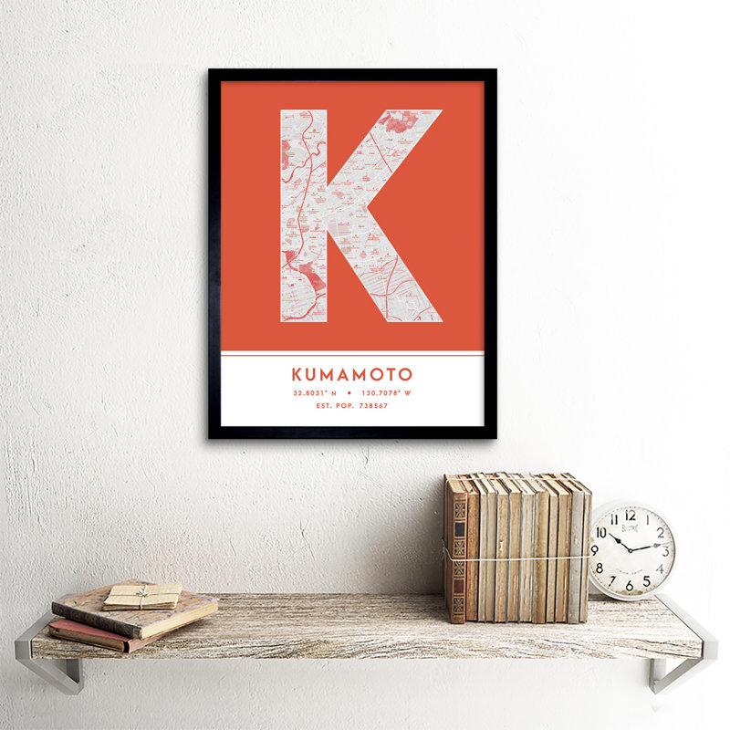 Kumamoto City Map Kumamoto Orange - Single Picture Frame Typography