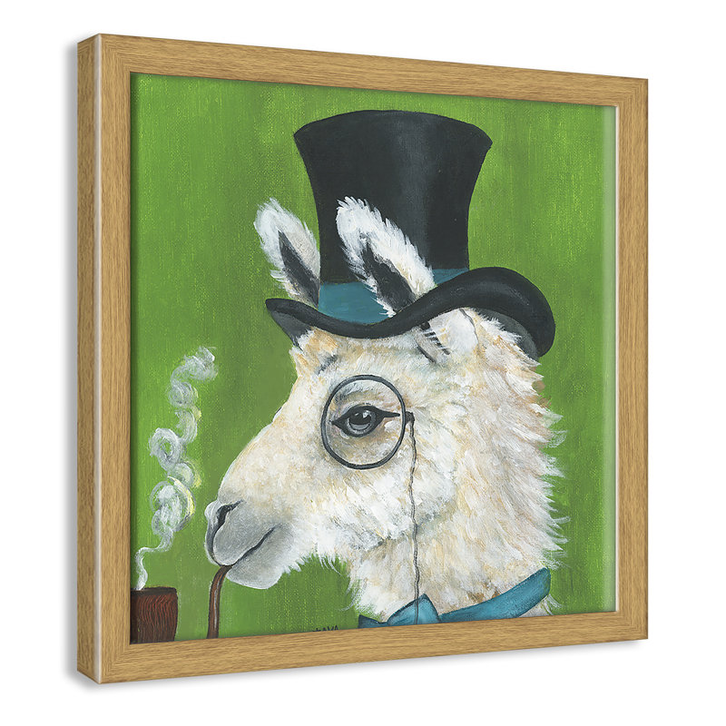 Lama et tuyau, art encadré, H 13 po x l 13 po x P 1,18 po, Cadre en chêne