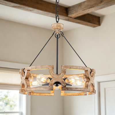 5-Light Farmhouse Wood Chandelier with Open Cage Drum